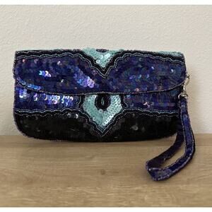 Ecote Beaded Purple Blue Shiny Metal Glamour Sequin Wallet Clutch Wristlet Vtg